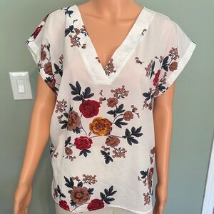 SHEIN White V-Neck Floral Blouse with Red & Gold Flowers
